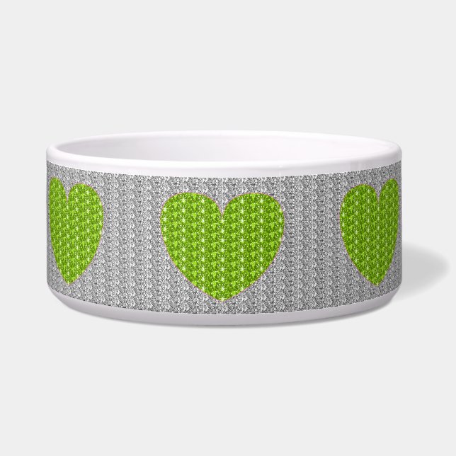 Comedero Tazón para perro plata lima verde corazón brillo (Frente)