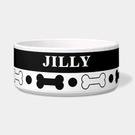 Comedero Tazón personalizado de hueso de perro blanco y neg