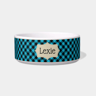 Comedero Tazón personalizado para mascotas a cuadros azul t