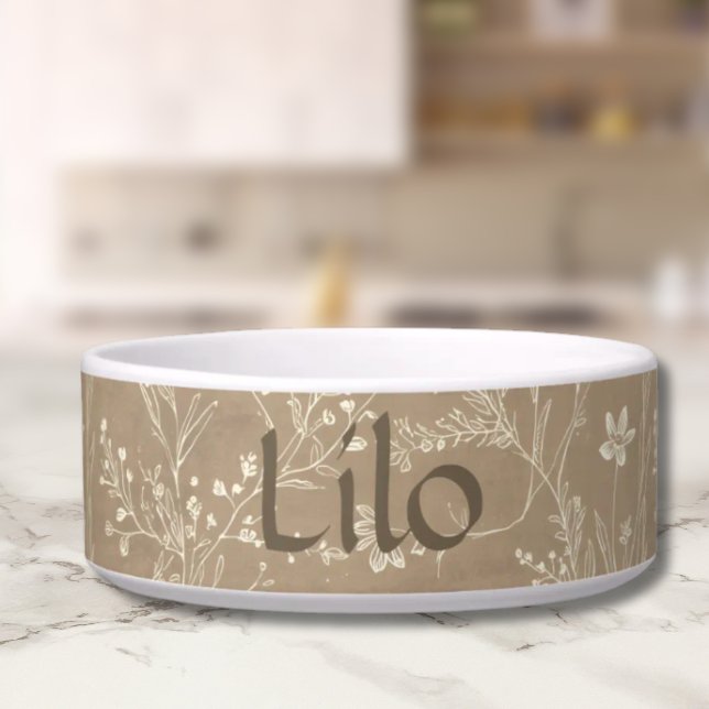 Comedero Tazón personalizado para mascotas con estampado bo (Personalized Brown Botanical Pet Bowl)