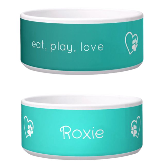Comedero Teal 'eat, play, love' Dog Name Bowl (Subido por el creador)