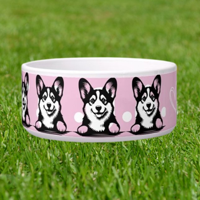 Comedero Tema rosa del Personalizar de Peeking Corgi (Trendy  Custom Dog Name Bowl)