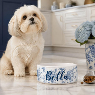 Comedero Toile Floral Azul con Nombre de Perro Personalizad