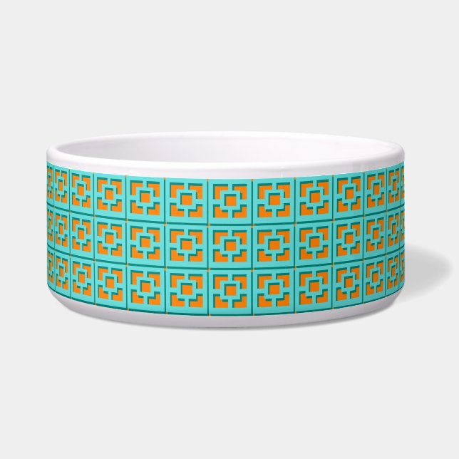 Comedero Turquesa retro y Naranja Trellis Ceramic Pet Bowl (Frente)