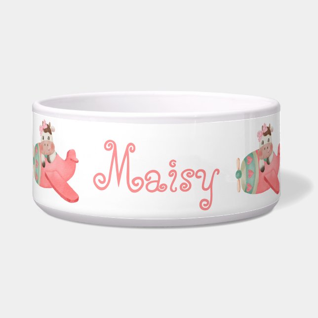 Comedero Vaca y avión, acuarela, sencilla, personalizada (Frente)