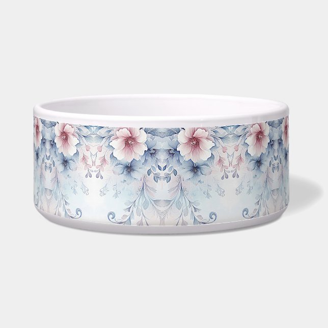 Comedero Watercolor Blue Pink Floral Ceramic Pet Bowl (Frente)