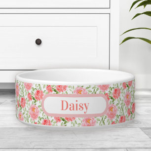 Comedero Watercolor Peony Floral Spring Name Pet Bowl