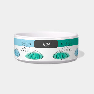 Comedero Watercolor White & Aquamarine Pet Bowl con hojas