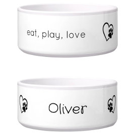 Comedero White 'eat, play, love' Dog Name Bowl
