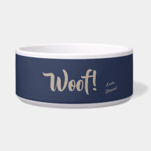 Woof Cute Tan Text Navy Mascota personalizado azul