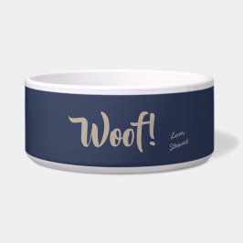 Comedero Woof Cute Tan Text Navy Mascota personalizado azul