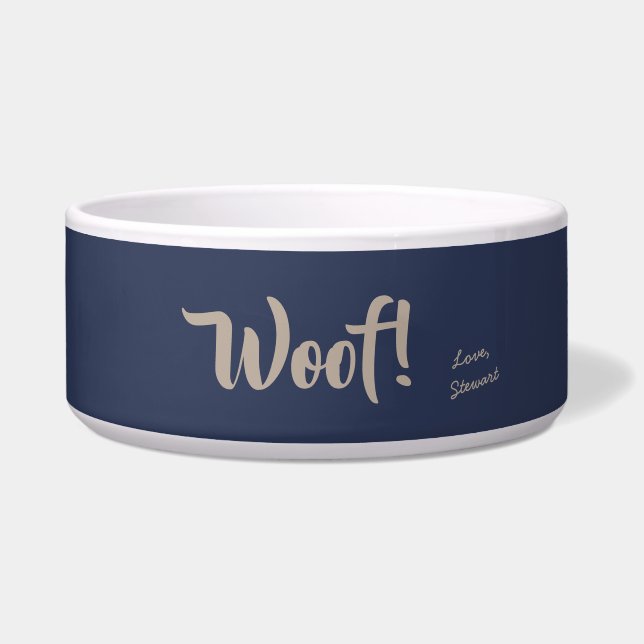 Comedero Woof Cute Tan Text Navy Mascota personalizado azul (Frente)
