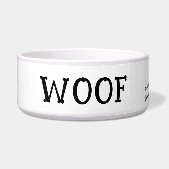 Comedero Woof Cute Text Mascota personalizado en blanco y n (Frente)