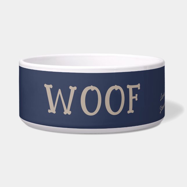 Comedero Woof Cute Typography Navy Mascota Blue Personalize (Frente)