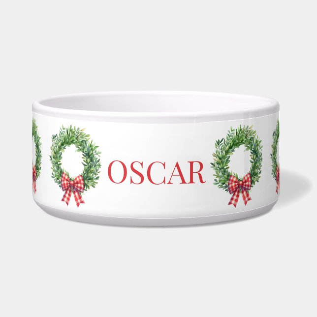 Comedero Wreath Verde De Acuarela Con Bow Rojo De Gingham (Frente)