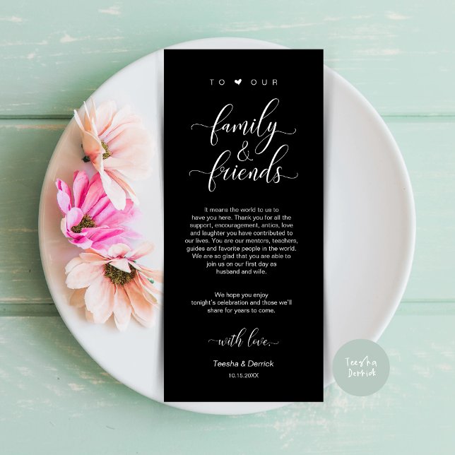 Comedor de la cena Gracias, Tarjeta Negra Clásica (Dinner Place Setting Thank You Card, Modern Classy Wedding, in Classy Black)