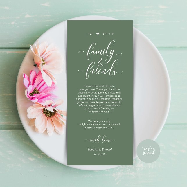 Comedor de la cena Gracias, Tarjeta Verde Sage (Dinner Place Setting Thank You Card, Modern Classy Wedding, in Sage Green)