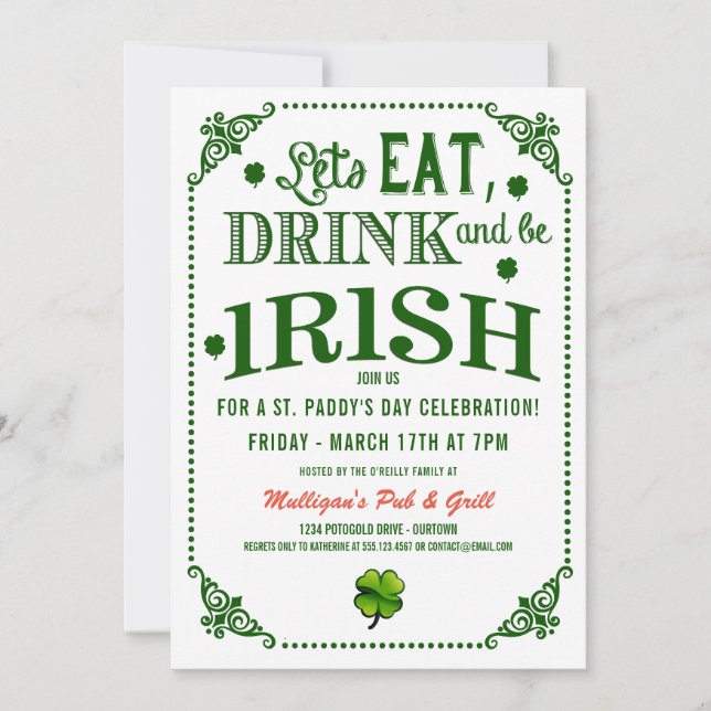 Comer/beber/ser irlandés invitaciones para fiestas (Anverso)