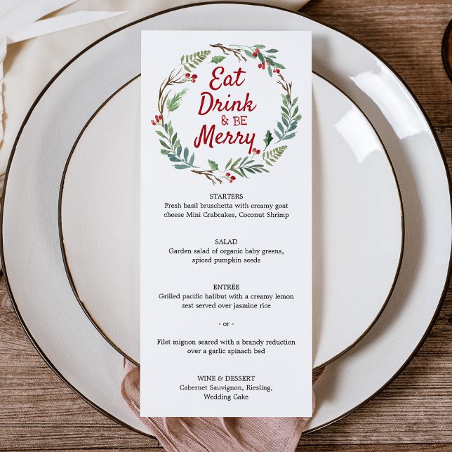 Comer, Beber y Alegrarse Menú de Cena de Navidad (Eat Drink and be Merry Christmas Dinner Menu Card)