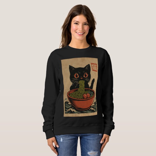 Comer fideos de Ramen: sudadera de mujeres gatas (Anverso completo)