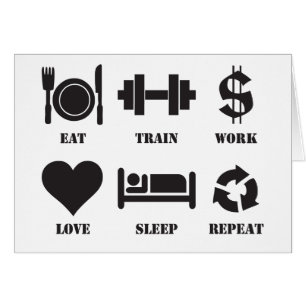 Comer, tren, trabajo, amor, sueño, repetir