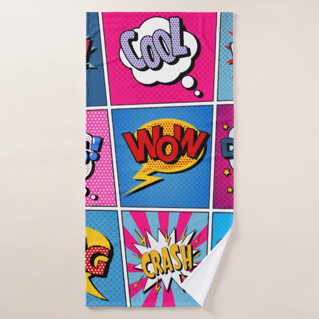 Comic Bubbles Set. Expresiones Bom, Guay, Pow, Oop (Toalla de baño)