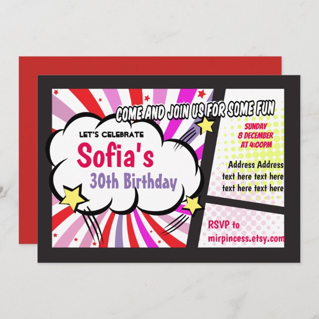 cómic, retro, pop art, invitación de cumpleaños de (Anverso / Reverso)