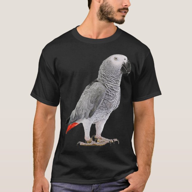 Cómico loro gris africano con camiseta de aves mas (Anverso)