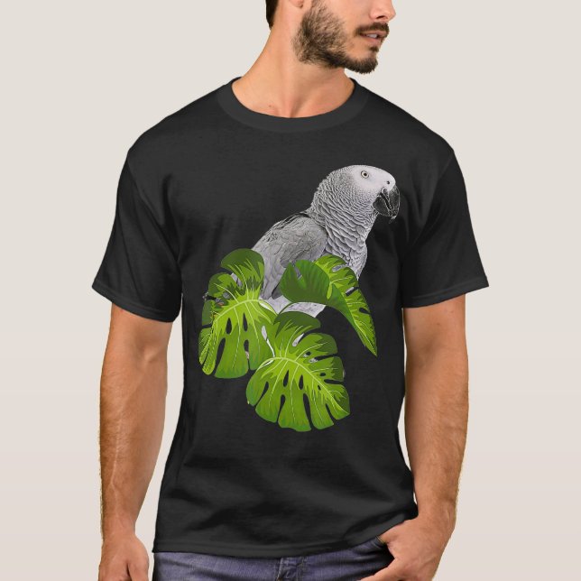 Cómico loro gris africano con camiseta de aves mas (Anverso)
