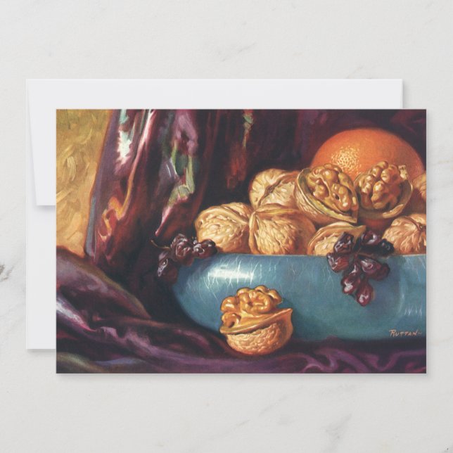 Comida antigua, nueces y frutas en un tazón azul (Anverso)