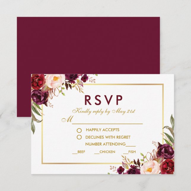 Comida Boda de oro de Borgoña Floral RSVP BG (Anverso / Reverso)