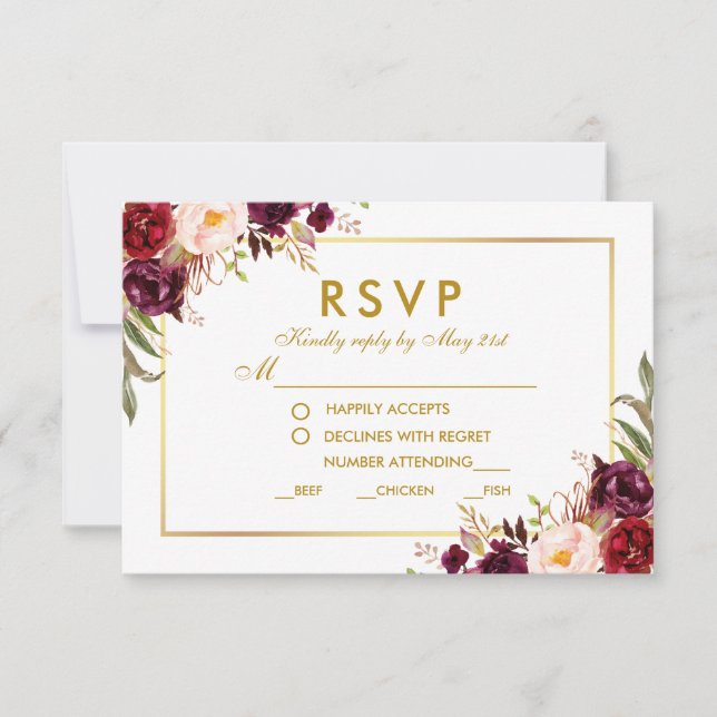 Comida Boda de oro de Borgoña Floral RSVP GB (Anverso)
