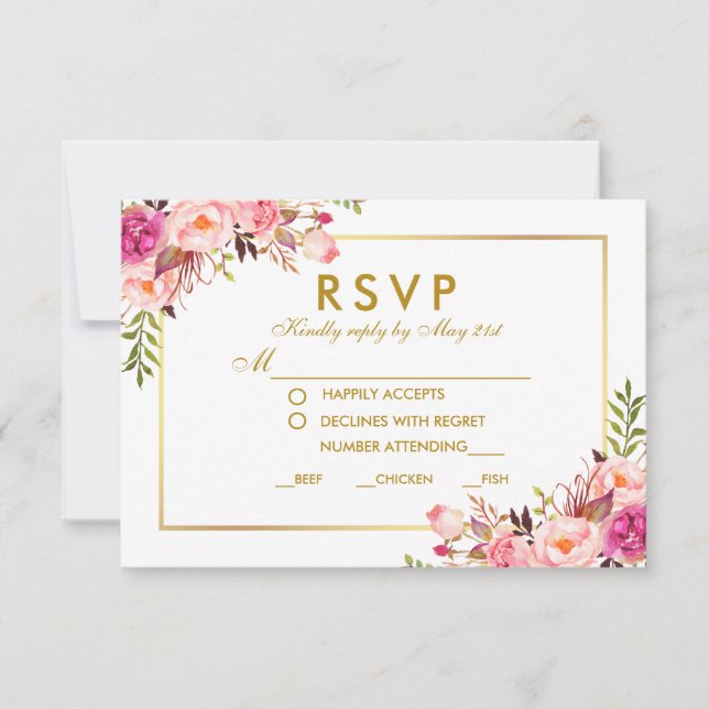 Comida Boda Floral Rosa Oro RSVP (Anverso)