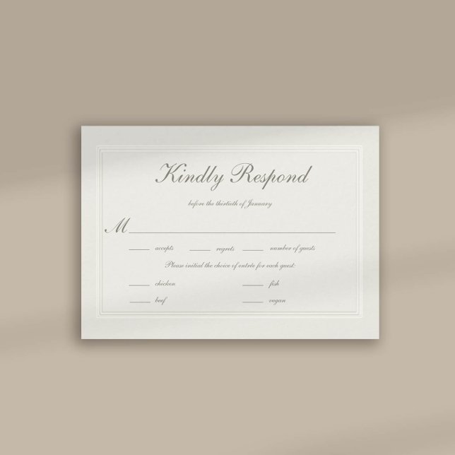 Comida de matrimonio elegante formal Grabado en re (formal traditional wedding RSVP response card faux embossed cream ecru frame calligraphy classic)