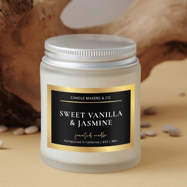 Comida Etiqueta moderna de Velas para el embalaje de prod (Trendy and chic black and gold foil effect border rectangle candle jar labels)