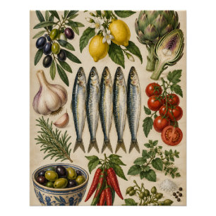 Comida Mediterránea Vintage & Póster de Cocina de