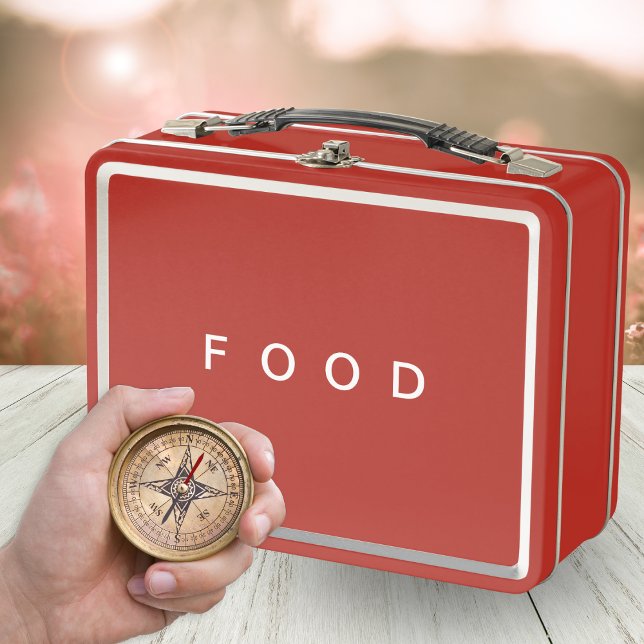 Comida Minimalista Moderna Nombre Personalizado en (A retro metal lunch box in red with 'Food' in simple capital letters)