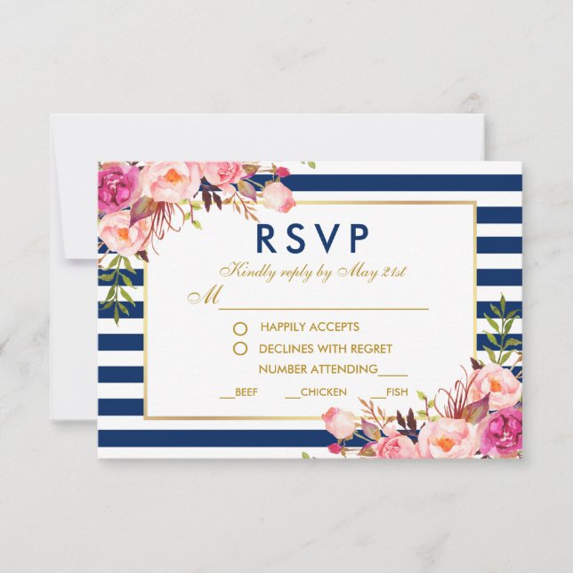 Comida RSVP de rayas azules rosadas florales Boda (Anverso)