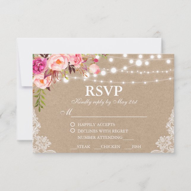 Comida Rústica Boda Kraft Pink Floral Lace RSVP (Anverso)
