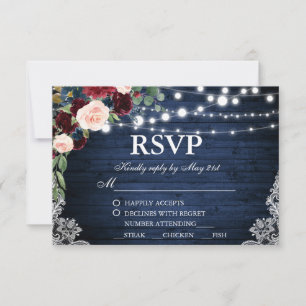 Comida Rústica Boda Wood Blue Burgundy Floral RSVP