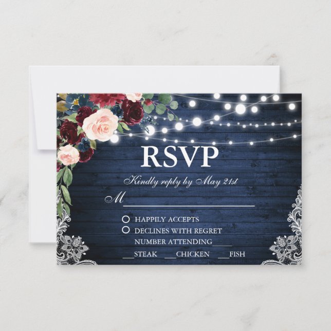 Comida Rústica Boda Wood Blue Burgundy Floral RSVP (Anverso)