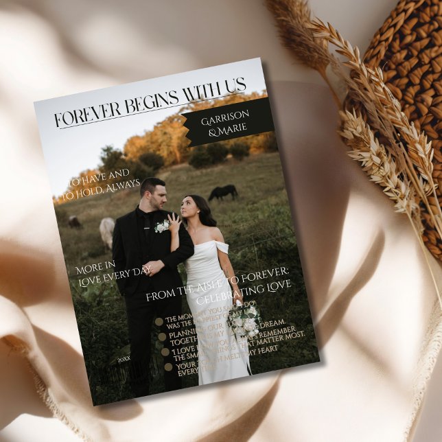 Comienza la portada de la revista fotográfica reci (Newly Married Magazine Cover Forever Begins)