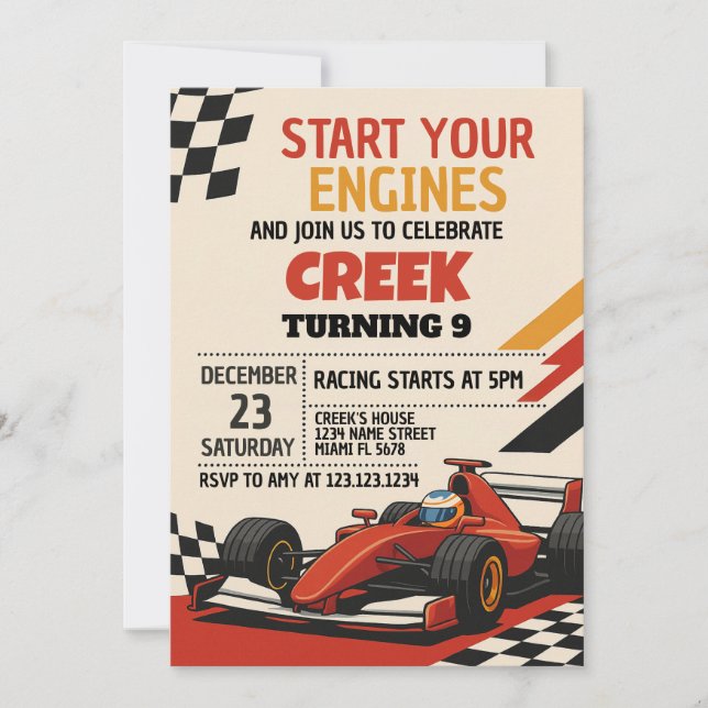 ¡Comienza Tus Motores! Invitación de cumpleaños de (Anverso)