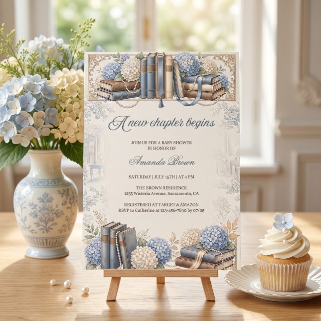 Comienza un Nuevo Capítulo Azo Azul Invitación par (Vintage Library Blue Hydrangea Baby Boy Shower A New Chapter Begins)