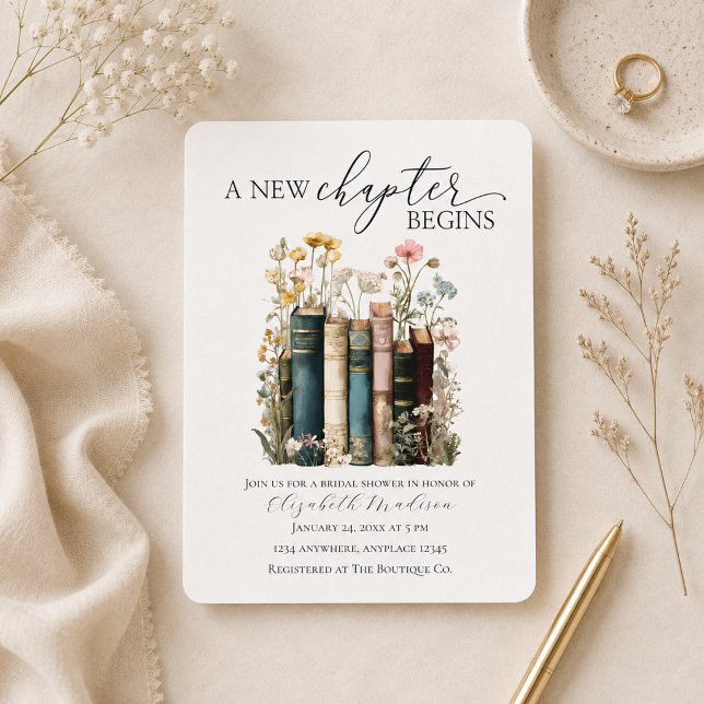 Comienza un Nuevo Capítulo Invitación a la Fiesta  (new chapter begins books and wildflowers invite)