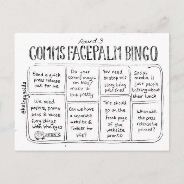 Comms Facepalm Bingo Ronda 3 postal (Anverso)