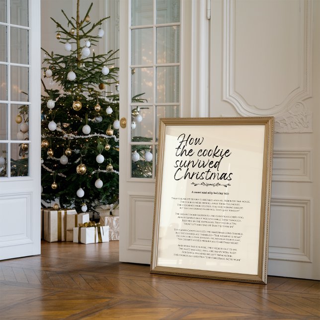 Cómo sobrevivió la galleta a la Navidad Impresión  (Against the wall, there is a framed funny Christmas print titled “How the cookie survived Christmas")