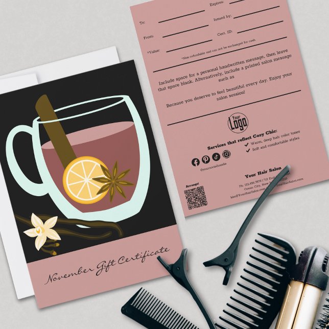 Cómodo certificado de regalo de Noviembre rosa neg (Cozy Chic Pink Black November Gift Certificate, Professional Tracking, QR Code, Note)
