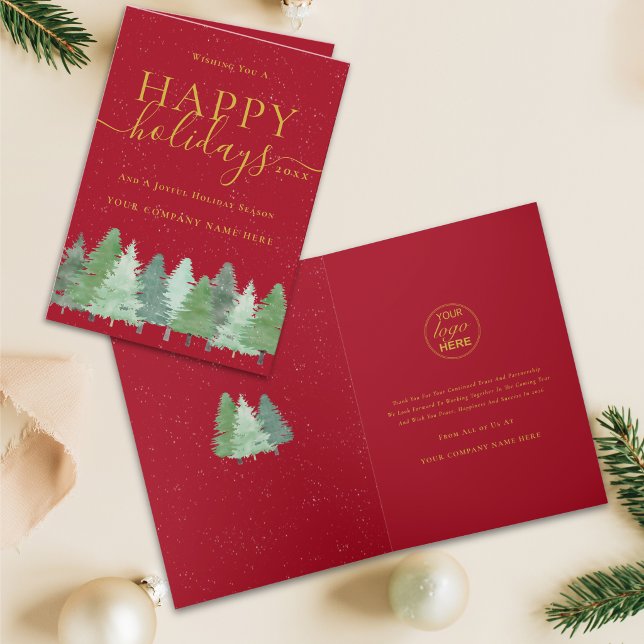 Compañía Corporativa de Navidad Bosque Logo Rojo D (Modern winter woodland corporate Christmas company logo happy holidays red and gold folded card)
