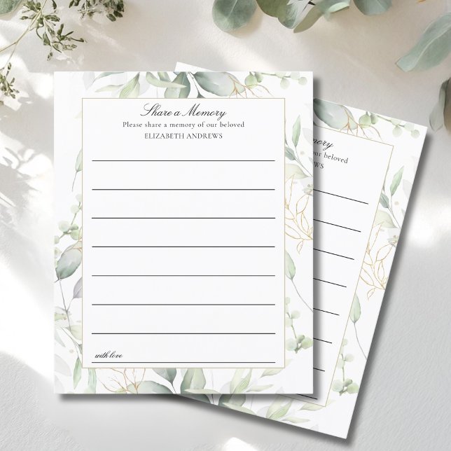 "Comparte un recuerdo" Tarjetas de asistencia al s ("Share a Memory" Eucalyptus Funeral Service Attendance)